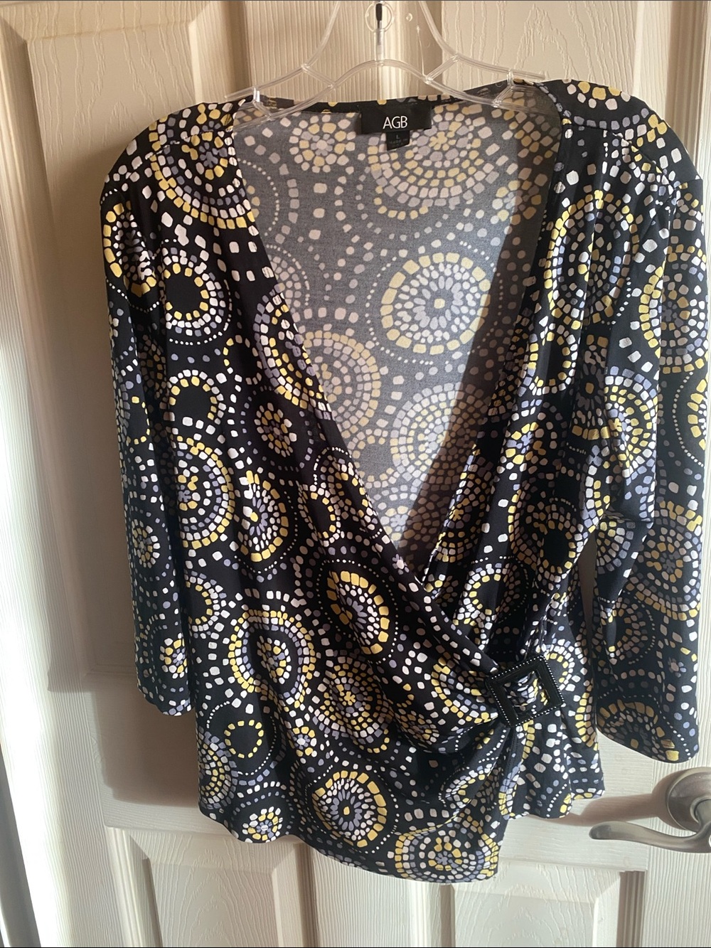 AGB Black, Yellow & White Circular Print Wrap Blouse